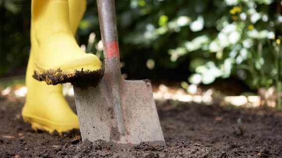 A person in yellow rubber boots digs into the ground with a spade.  © fotolia.com Photo: Monkey Business Images