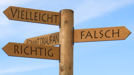 Wooden signpost with the inscriptions "perhaps", "incorrect", "correct" and "it depends". © Chris_pl/fotolia Photo: Chris_pl