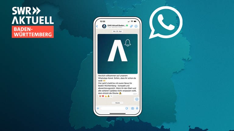 A mobile phone with a screenshot of the WhatsApp channel can be seen against a blue background with the logo of SWR Aktuell Baden-Württemberg.