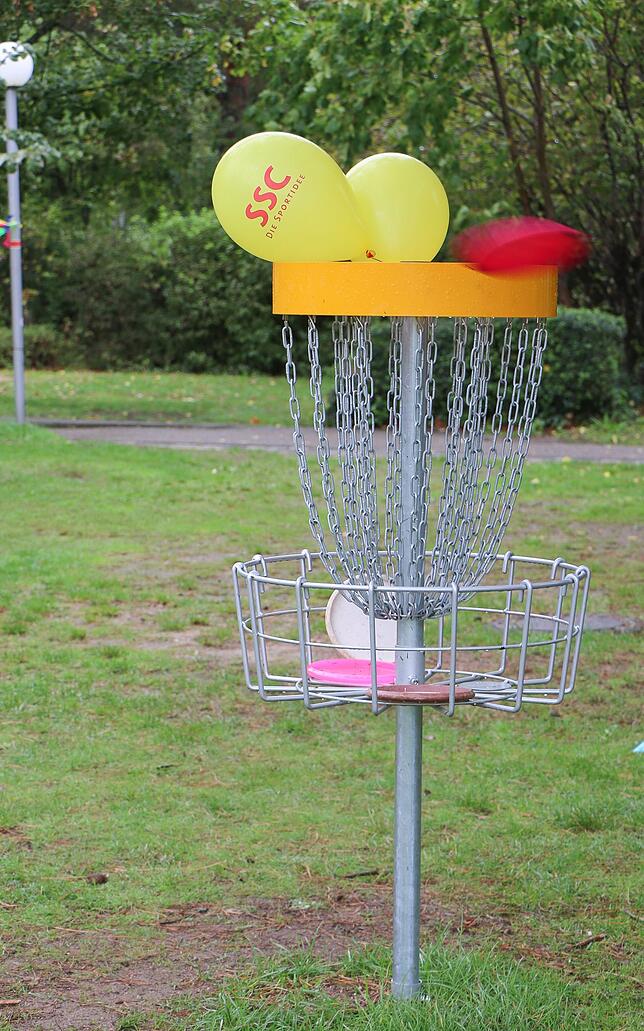 In Disc Golf you have to throw a Frisbee into large baskets