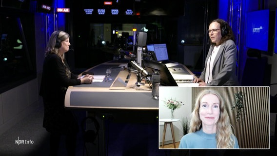 Verena Gonsch is in the NDR Info studio and is moderating the speaking time. One of the people she is talking to is standing opposite her. Another is connected via a video link. © Screenshot 