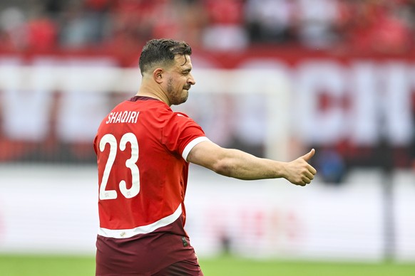 Switzerland's Xherdan Shaqiri reacts after an international friendly soccer match between Switzerland and Austria at the kybunpark stadium in St. Gallen, Switzerland, Saturday, June 8, 2024. (KEYS ...