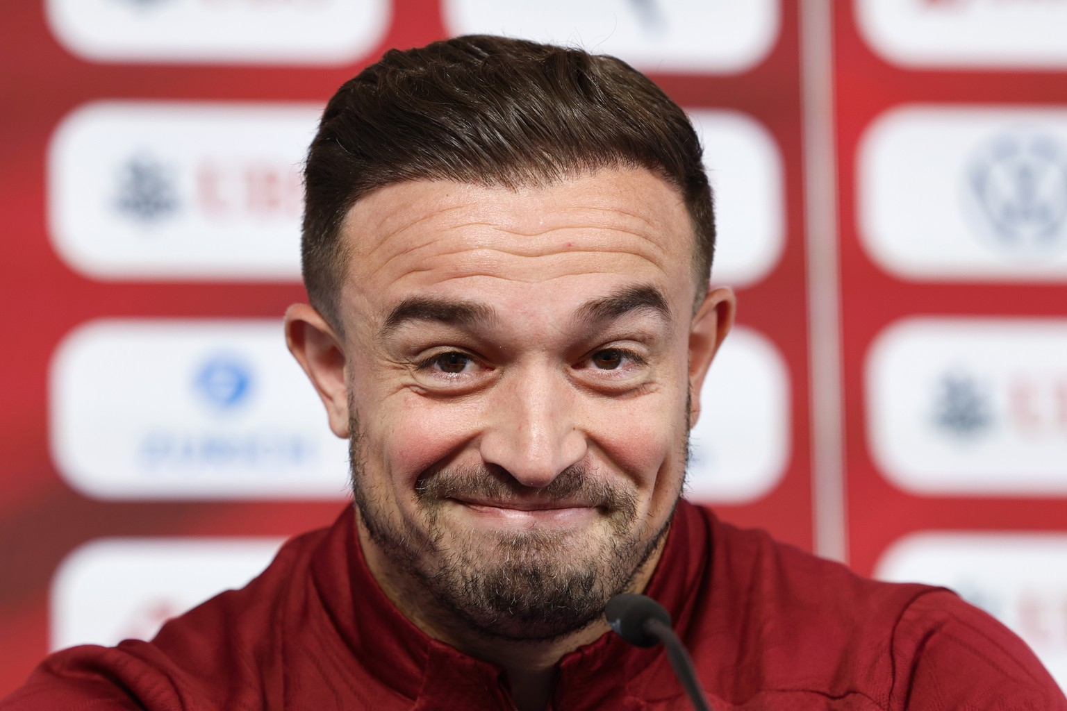 Switzerland's Xherdan Shaqiri speaks during a press conference at the "Stadion auf der Waldau"  in Stuttgart, Germany, Thursday, June 13, 2024. The Swiss national soccer team will be bas...