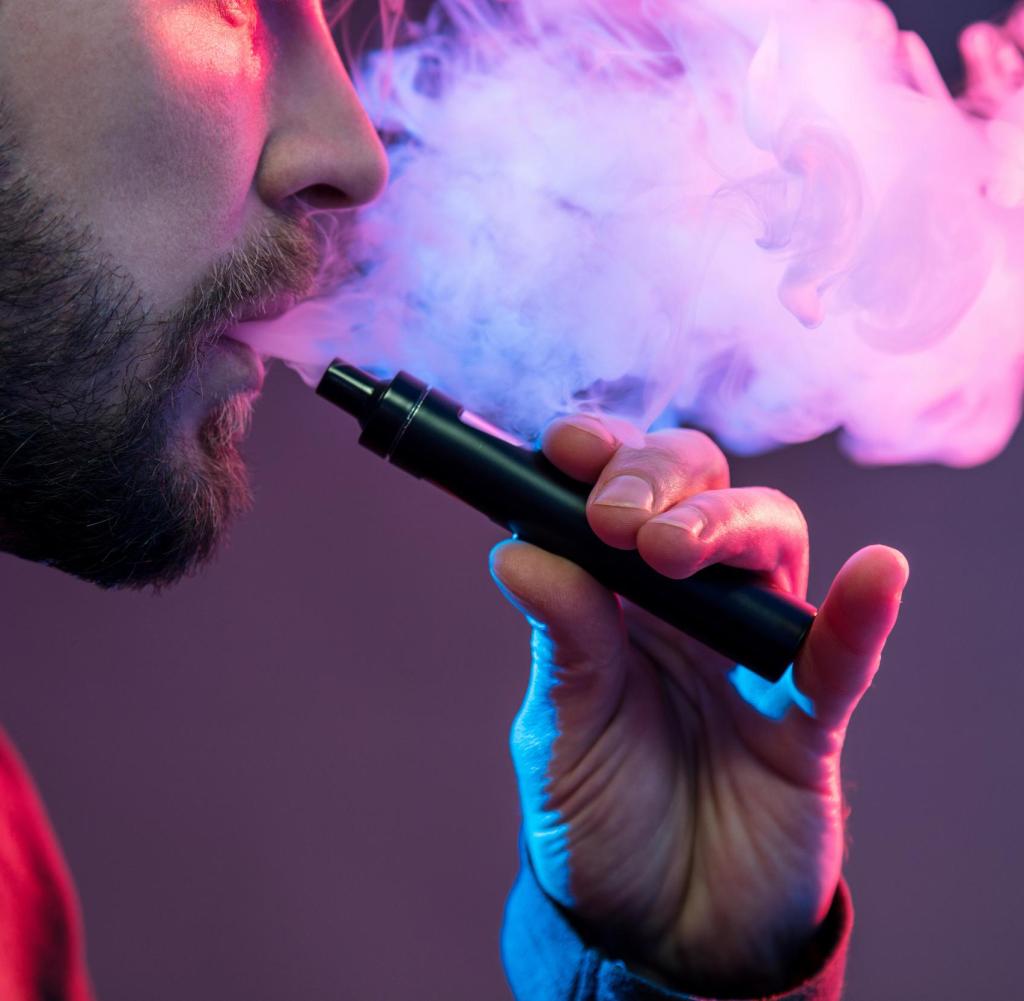 Red-lit close-up of a man releasing vapor from an e-cigarette